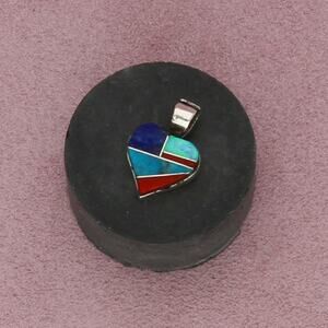 zuni sterling silver vintage tuquoise lapis opal coral inlay heart pendant